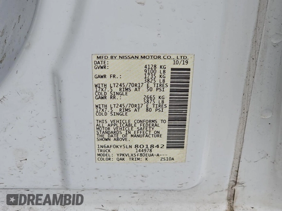 2020 Nissan NV SV with VIN 1N6AF0KY5LN801842, listed as a IAAI auction lot 42788879 with 149,926 mi miles and . Bid and sale history available at DreamBid. Image 22.