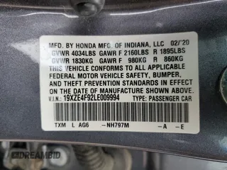 2020 Honda Insight Touring with VIN 19XZE4F92LE009994, listed as a Copart auction lot 44508455 with Not Provided miles and Salvage Title. Bid and sale history available at carsss.com. Image 12.