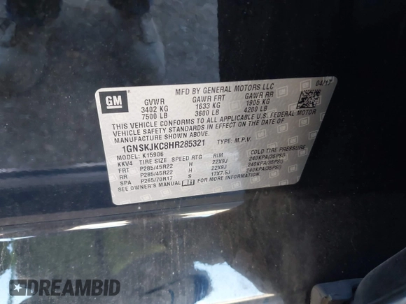 2017 Chevrolet Suburban Premier with VIN 1GNSKJKC8HR285321, listed as a IAAI auction lot 41796659 with 128,113 mi miles and . Bid and sale history available at DreamBid. Image 9.
