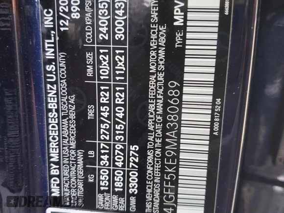 2021 Mercedes-Benz GLS 450 with VIN 4JGFF5KE9MA380689, listed as a Copart auction lot 43480605 with 52,217 mi miles and Salvage title. Bid and sale history available at DreamBid. Image 15.