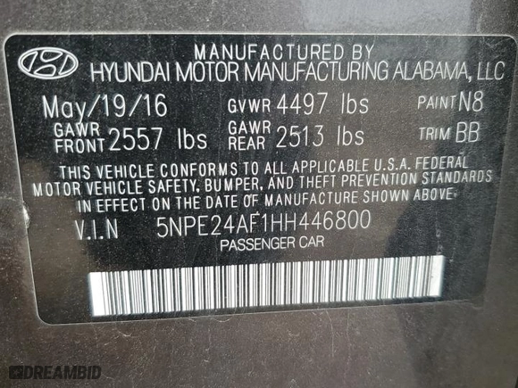 2017 Hyundai Sonata 2.4L with VIN 5NPE24AF1HH446800, listed as a Copart auction lot 51407365 with 121,697 mi miles and Salvage Title. Bid and sale history available at carsss.com. Image 14.