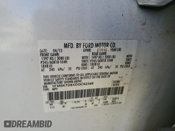 2013 Ford Explorer XLT with VIN 1FM5K7D8XDGC62349, listed as a Copart auction lot 48759995 with Not Provided miles and Salvage Title. Bid and sale history available at carsss.com. Image 13.