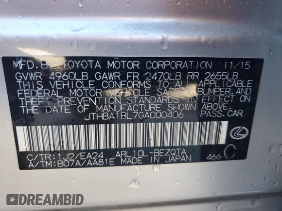 2016 Lexus GS 200t with VIN JTHBA1BL7GA000406, listed as a Copart auction lot 80302694 with 82,820 mi miles and Salvage title. Bid and sale history available at DreamBid. Image 13.