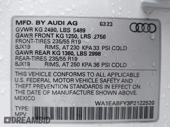 2023 Audi Q5 S line Premium Plus with VIN WA1EABFY3P2122520, listed as a IAAI auction lot 42179826 with 23,020 mi miles and . Bid and sale history available at DreamBid. Image 9.