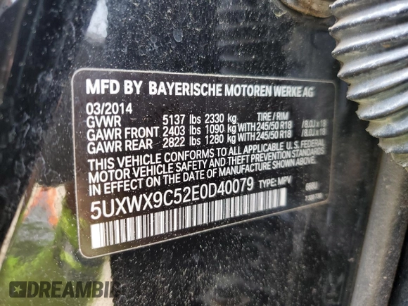 2014 BMW X3 xDrive28i z VIN 5UXWX9C52E0D40079, wystawiony jako Copart lot #59855915 z przebiegiem 91 076 mil mil oraz Czysty tytuł • Clean title. Historia ofert i sprzedaży dostępna na DreamBid. Obrazek 13.
