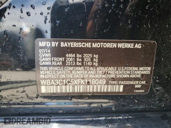 2015 BMW 3 Series 328i with VIN WBA3C1C5XFK118049, listed as a Copart auction lot 60166745 with 145,645 mi miles and Salvage title. Bid and sale history available at DreamBid. Image 12.