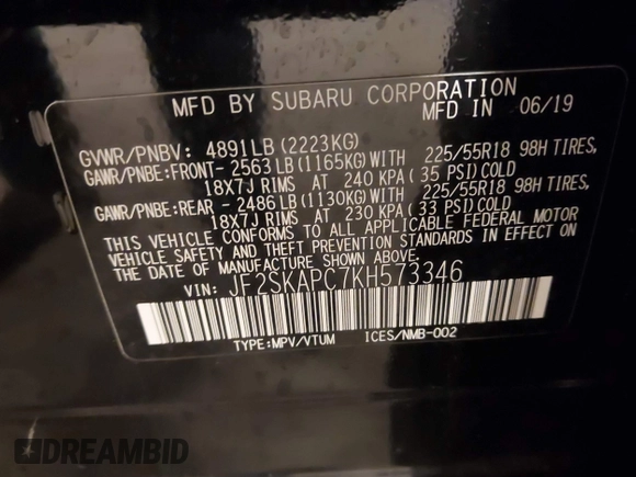 2019 Subaru Forester Special Sports with VIN JF2SKAPC7KH573346, listed as a IAAI auction lot 42394210 with 117,625 mi miles and . Bid and sale history available at DreamBid. Image 9.
