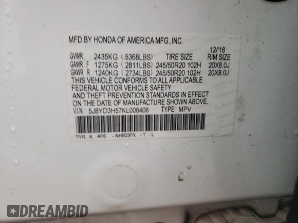 2019 Acura MDX Technology with VIN 5J8YD3H57KL006406, listed as a Copart auction lot 54183075 with 35,796 mi miles and Salvage title. Bid and sale history available at DreamBid. Image 14.