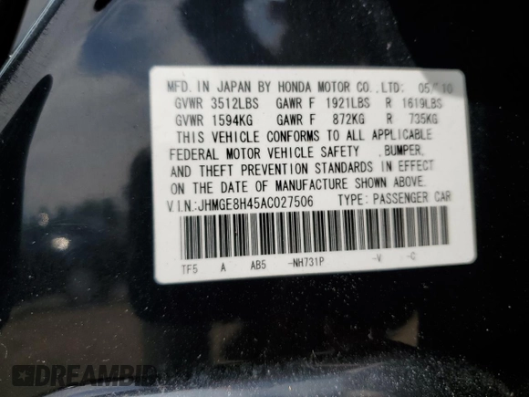 2010 Honda Fit Sport with VIN JHMGE8H45AC027506, listed as a Copart auction lot 65130515 with 210,875 mi miles and Clean title. Bid and sale history available at DreamBid. Image 12.