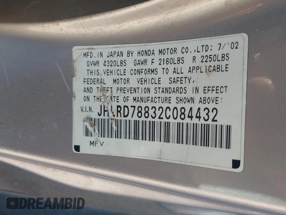 2002 Honda CR-V EX with VIN JHLRD78832C084432, listed as a IAAI auction lot 42677417 with 229,853 mi miles and . Bid and sale history available at DreamBid. Image 9.