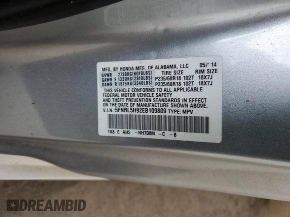 2014 Honda Odyssey Touring with VIN 5FNRL5H92EB109809, listed as a Copart auction lot 51438645 with 155,872 mi miles and Salvage Title. Bid and sale history available at DreamBid. Image 13.