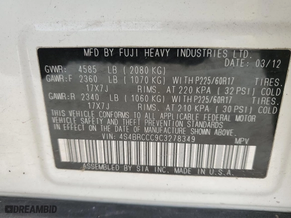 2012 Subaru Outback 2.5i Prem with VIN 4S4BRCCC9C3278349, listed as a Copart auction lot 49718325 with 163,845 mi miles and Salvage Title. Bid and sale history available at carsss.com. Image 12.