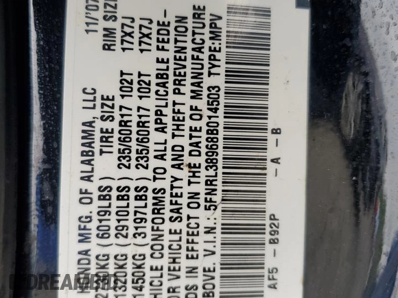 2008 Honda Odyssey Touring z VIN 5FNRL38968B014503, wystawiony jako Copart lot #56817625 z przebiegiem Nie podano mil oraz Szkoda całkowita • Salvage title. Historia ofert i sprzedaży dostępna na DreamBid. Obrazek 13.