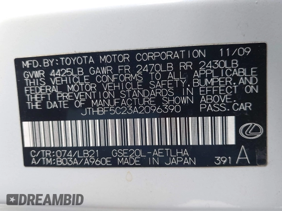 2010 Lexus IS 250 with VIN JTHBF5C23A2096390, listed as a IAAI auction lot 42361037 with 105,435 mi miles and . Bid and sale history available at DreamBid. Image 9.
