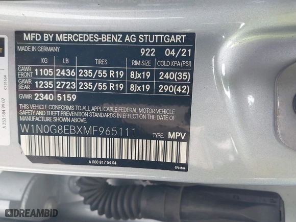 2021 Mercedes-Benz GLC with VIN W1N0G8EBXMF965111, listed as a IAAI auction lot 41597607 with 38,957 mi miles. Bid and sale history available at carsss.com. Image 9.