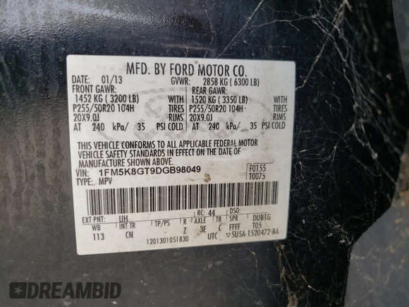 2013 Ford Explorer Sport with VIN 1FM5K8GT9DGB98049, listed as a Copart auction lot 60822875 with Not provided miles and Clean title. Bid and sale history available at DreamBid. Image 14.