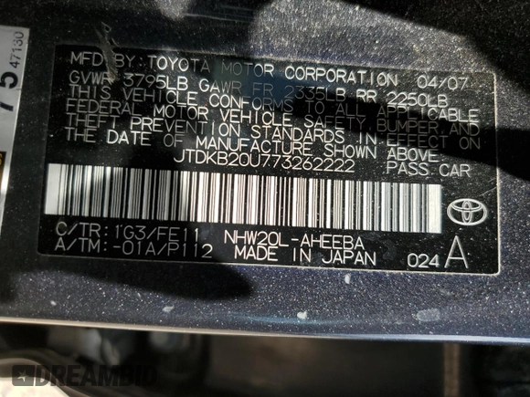 2007 Toyota Prius z VIN JTDKB20U773262222, wystawiony jako Copart lot #59323905 z przebiegiem 138 274 mil mil oraz Czysty tytuł • Clean title. Historia ofert i sprzedaży dostępna na DreamBid. Obrazek 12.