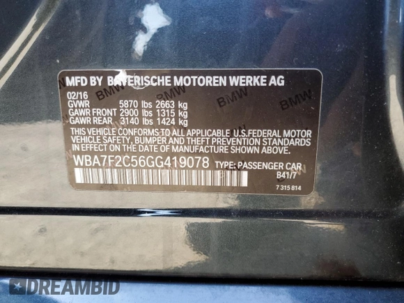 2016 BMW 7 Series 750i xDrive with VIN WBA7F2C56GG419078, listed as a Copart auction lot 75355703 with 0 mi miles. Bid and sale history available at carsss.com. Image 12.