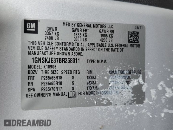 2011 Chevrolet Suburban LT with VIN 1GNSKJE37BR358911, listed as a Copart auction lot 73111044 with 163,437 mi miles and Clean Title. Bid and sale history available at carsss.com. Image 13.