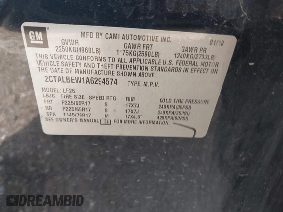 2010 GMC Terrain SLE-1 with VIN 2CTALBEW1A6294574, listed as a IAAI auction lot 41033983 with 166,279 mi miles. Bid and sale history available at carsss.com. Image 9.