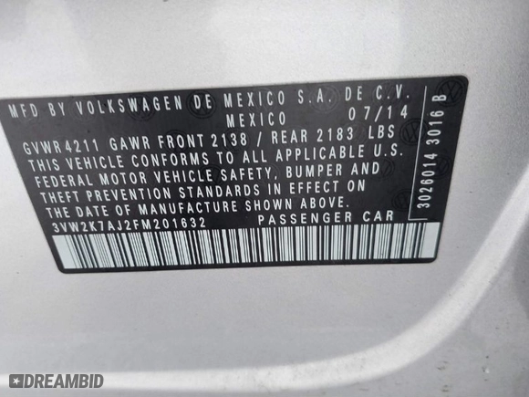 2015 Volkswagen Jetta Sedan 2.0L S with VIN 3VW2K7AJ2FM201632, listed as a IAAI auction lot 41523088 with 1 mi miles. Bid and sale history available at carsss.com. Image 9.