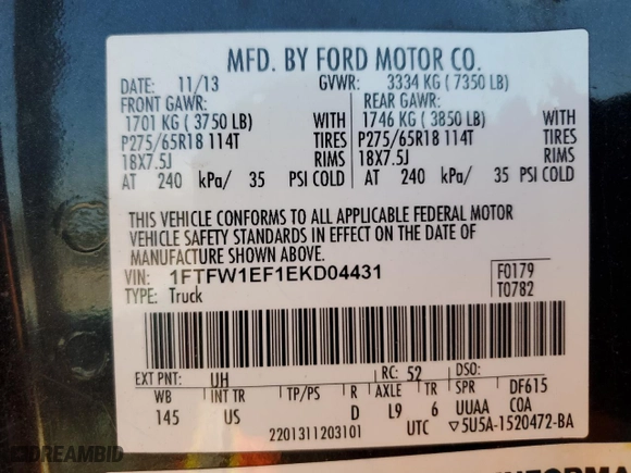 2014 Ford F-150 XL with VIN 1FTFW1EF1EKD04431, listed as a Copart auction lot 52195045 with 138,433 mi miles and Salvage Title. Bid and sale history available at carsss.com. Image 13.