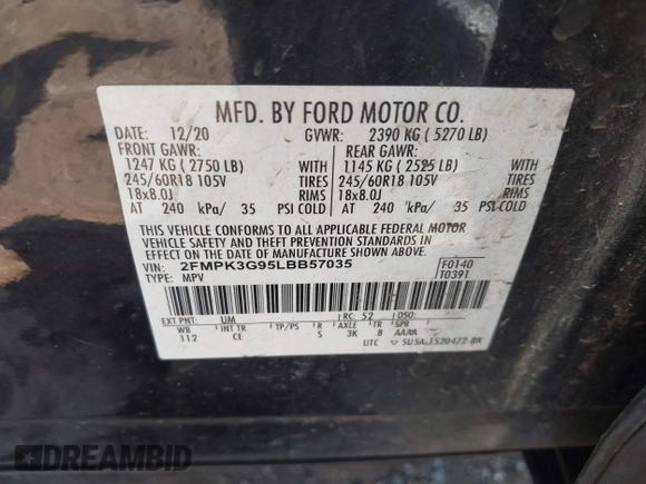 2020 Ford Edge SE with VIN 2FMPK3G95LBB57035, listed as a IAAI auction lot 42119978 with 136,428 mi miles and . Bid and sale history available at DreamBid. Image 9.