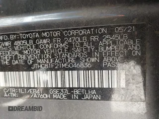 2021 Lexus IS with VIN JTHC81F21M5046836, listed as a IAAI auction lot 41746130 with 41,806 mi miles. Bid and sale history available at carsss.com. Image 9.