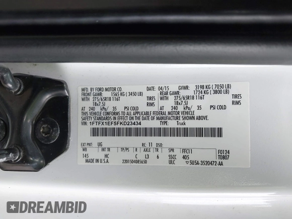 2015 Ford F-150 XLT with VIN 1FTFX1EF5FKD23434, listed as a IAAI auction lot 41613023 with 151,905 mi miles and . Bid and sale history available at DreamBid. Image 9.