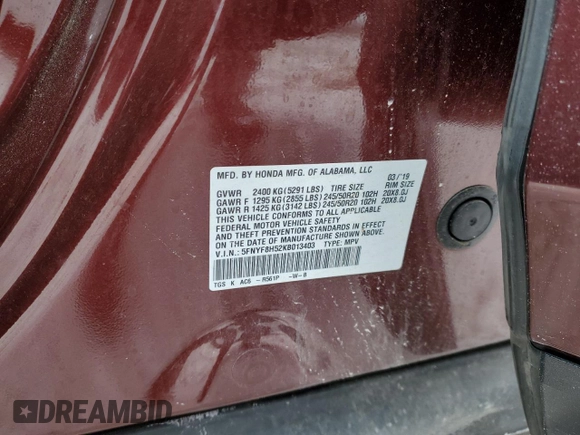2019 Honda Passport EX-L with VIN 5FNYF8H52KB013403, listed as a Copart auction lot 46288945 with 50,848 mi miles and Clean title. Bid and sale history available at DreamBid. Image 13.