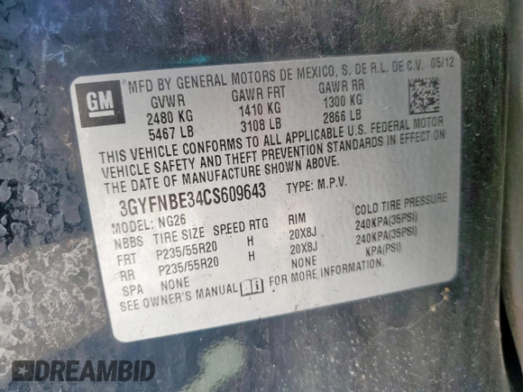 2012 Cadillac SRX Performance Collection with VIN 3GYFNBE34CS609643, listed as a Copart auction lot 57223065 with 182,072 mi miles and Salvage title. Bid and sale history available at DreamBid. Image 13.