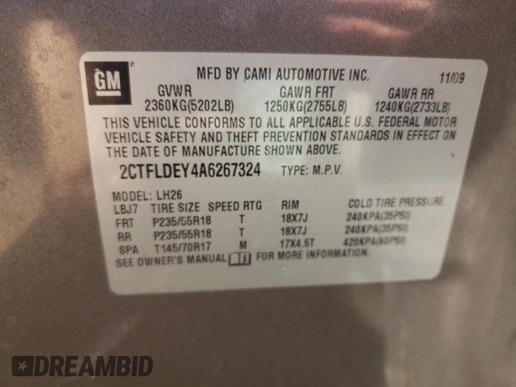 2010 GMC Terrain SLE-2 with VIN 2CTFLDEY4A6267324, listed as a Copart auction lot 57885464 with 136,137 mi miles and Salvage Title. Bid and sale history available at carsss.com. Image 13.