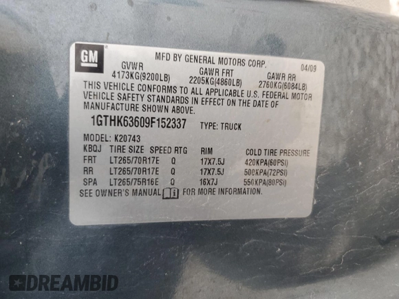 2009 GMC Sierra 2500HD SLT z VIN 1GTHK63609F152337, wystawiony jako Copart lot #45722975 z przebiegiem 251 993 mil mil oraz Szkoda całkowita • Salvage title. Historia ofert i sprzedaży dostępna na DreamBid. Obrazek 12.