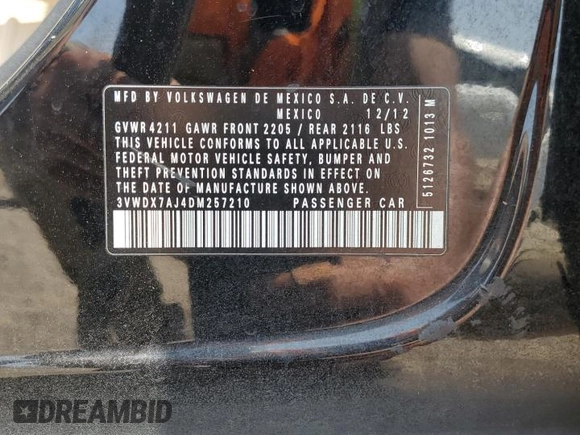 2013 Volkswagen Jetta SE with VIN 3VWDX7AJ4DM257210, listed as a Copart auction lot 61043365 with 85,166 mi miles and Salvage title. Bid and sale history available at DreamBid. Image 12.