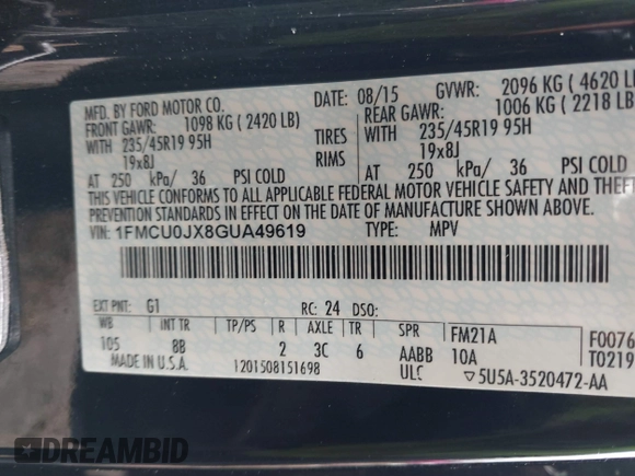2016 Ford Escape Titanium with VIN 1FMCU0JX8GUA49619, listed as a IAAI auction lot 41743116 with 53,456 mi miles. Bid and sale history available at carsss.com. Image 9.
