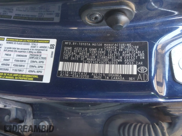 2009 Toyota Matrix S with VIN 2T1KE40E49C016959, listed as a IAAI auction lot 42127222 with 251,491 mi miles and . Bid and sale history available at DreamBid. Image 9.