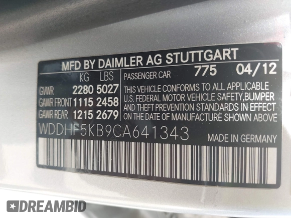 2012 Mercedes-Benz E 350 Luxury with VIN WDDHF5KB9CA641343, listed as a IAAI auction lot 42180944 with 130,006 mi miles and . Bid and sale history available at DreamBid. Image 9.