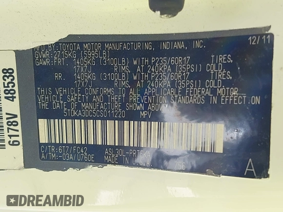 2012 Toyota Sienna with VIN 5TDKA3DC5CS011220, listed as a IAAI auction lot 41770493 with 199,266 mi miles and . Bid and sale history available at DreamBid. Image 9.