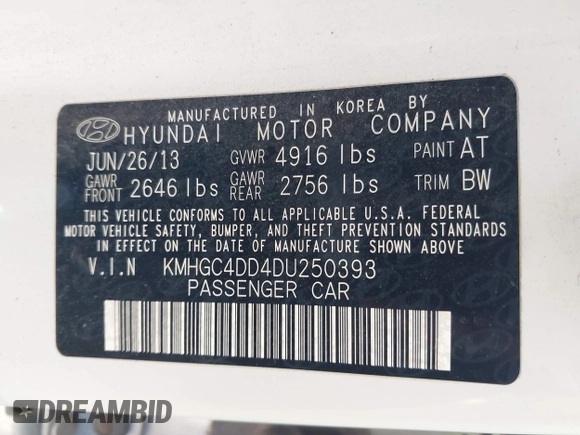 2013 Hyundai Genesis 3.8L with VIN KMHGC4DD4DU250393, listed as a IAAI auction lot 41854097 with 147,751 mi miles and . Bid and sale history available at DreamBid. Image 9.