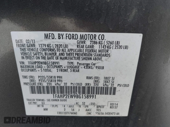 2011 Ford Taurus SEL with VIN 1FAHP2EW9BG158991, listed as a IAAI auction lot 41530132 with 153,323 mi miles. Bid and sale history available at carsss.com. Image 9.