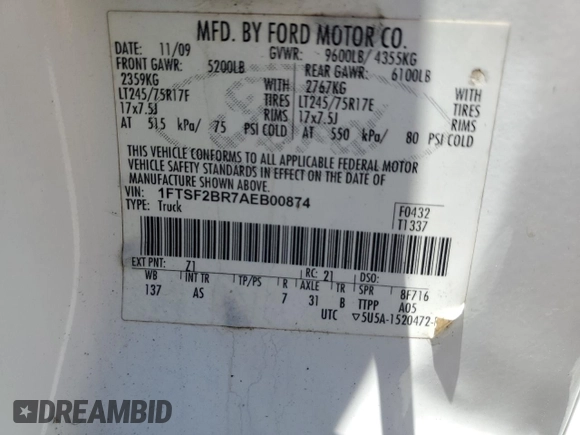 2010 Ford F-250 XL with VIN 1FTSF2BR7AEB00874, listed as a Copart auction lot 65154225 with Not provided miles and Non repairable. Bid and sale history available at DreamBid. Image 12.