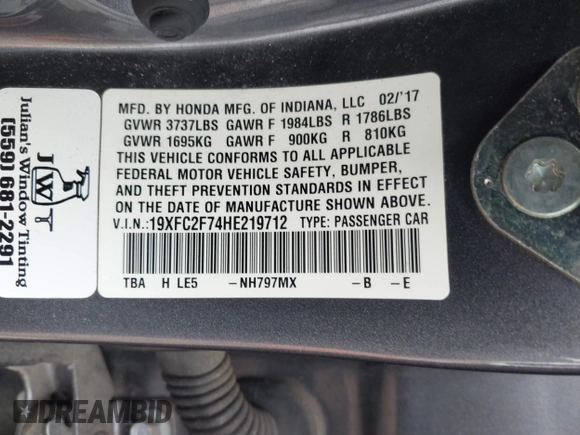 2017 Honda Civic EX z VIN 19XFC2F74HE219712, wystawiony jako IAAI lot #41499193 z przebiegiem 182 439 mil mil oraz . Historia ofert i sprzedaży dostępna na DreamBid. Obrazek 9.