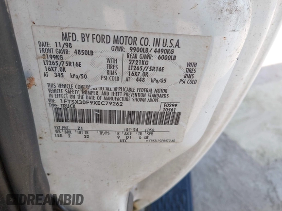 1999 Ford F-350 XL with VIN 1FTSX30F9XEC79262, listed as a IAAI auction lot 42281012 with 244,558 mi miles and . Bid and sale history available at DreamBid. Image 9.