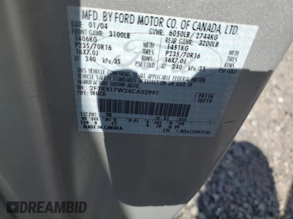 2004 Ford F-150 XL with VIN 2FTRX17W24CA52991, listed as a Copart auction lot 55853095 with 221,452 mi miles and Salvage title. Bid and sale history available at DreamBid. Image 12.