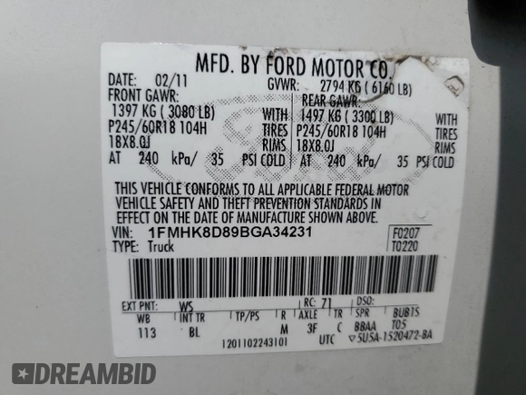 2011 Ford Explorer XLT with VIN 1FMHK8D89BGA34231, listed as a Copart auction lot 61854555 with 202,070 mi miles and Salvage title. Bid and sale history available at DreamBid. Image 14.