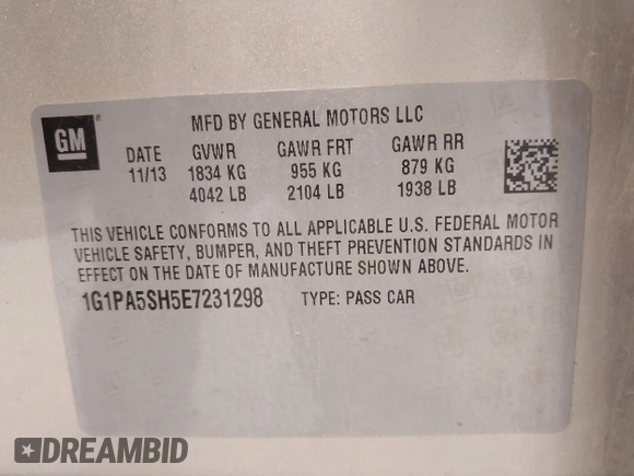 2014 Chevrolet Cruze LS with VIN 1G1PA5SH5E7231298, listed as a IAAI auction lot 42159916 with 179,921 mi miles and . Bid and sale history available at carsss.com. Image 9.