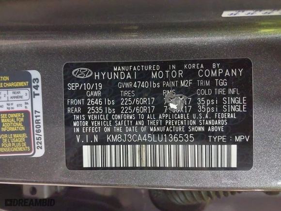 2020 Hyundai Tucson Value with VIN KM8J3CA45LU136535, listed as a IAAI auction lot 41684819 with 39,760 mi miles. Bid and sale history available at carsss.com. Image 9.