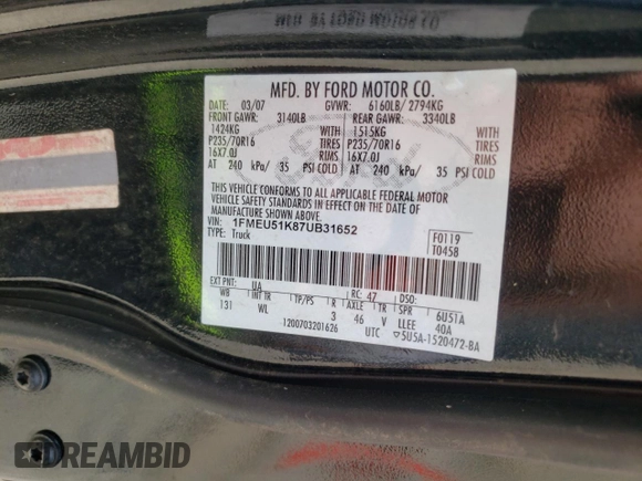 2007 Ford Explorer Sport Trac XLT z VIN 1FMEU51K87UB31652, wystawiony jako Copart lot #61909385 z przebiegiem 162 966 mil mil oraz Nie do naprawy • Non repairable. Historia ofert i sprzedaży dostępna na DreamBid. Obrazek 13.