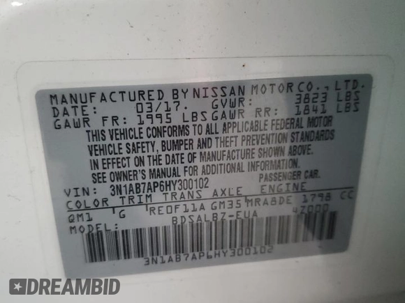 2017 Nissan Sentra S with VIN 3N1AB7AP6HY300102, listed as a Copart auction lot 53354405 with 65,781 mi miles and Salvage Title. Bid and sale history available at DreamBid. Image 15.