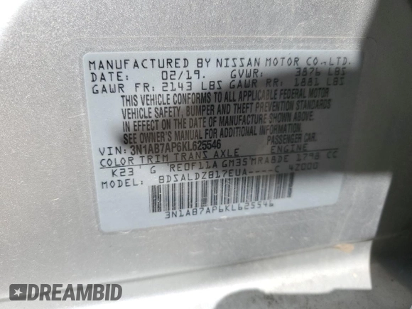 2019 Nissan Sentra SV with VIN 3N1AB7AP6KL625546, listed as a Copart auction lot 50259225 with Not Provided miles and Salvage Title. Bid and sale history available at DreamBid. Image 15.